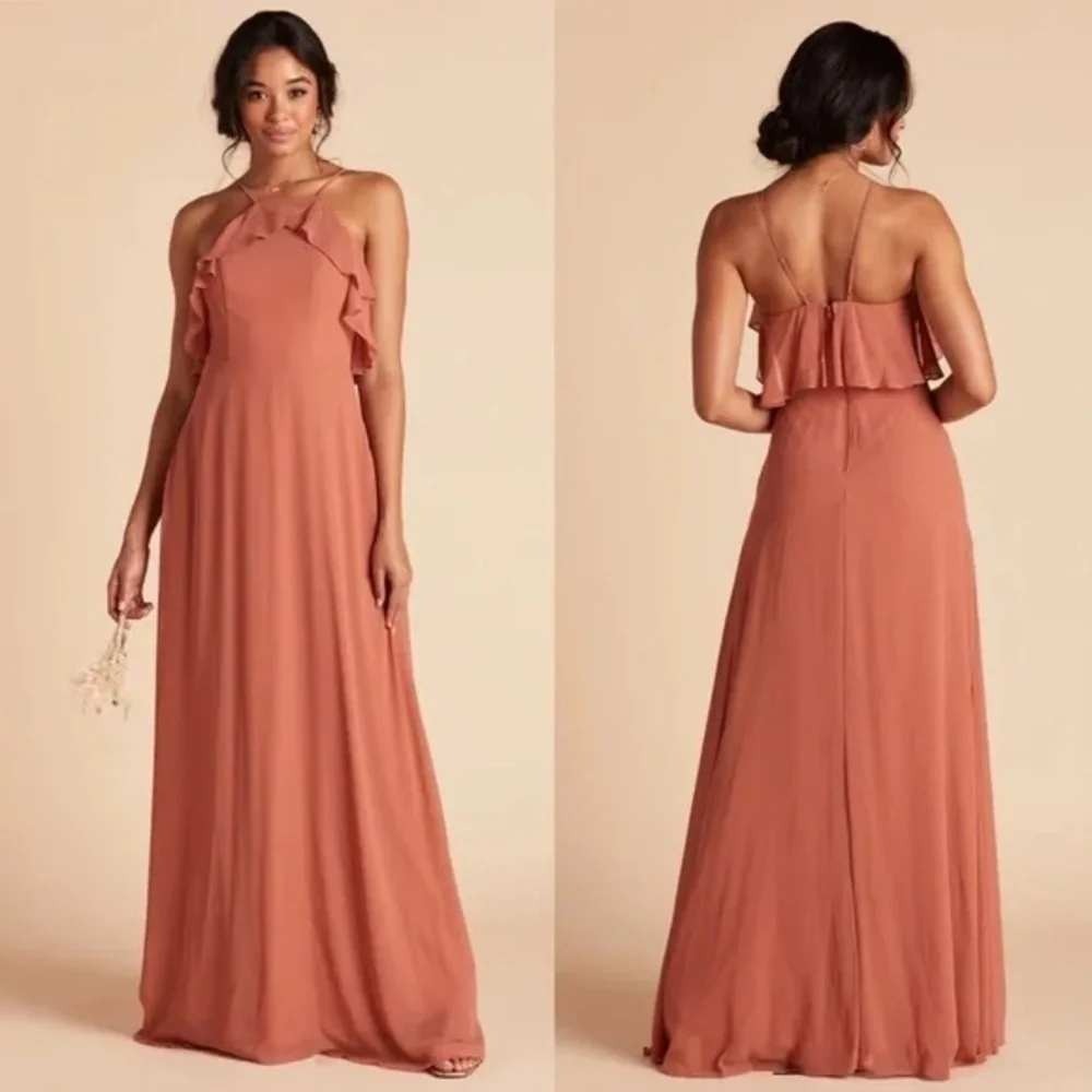 Birdy Grey Terracotta Rust Orange Ruffle Halter Maxi Bridesmaid Dress Medium